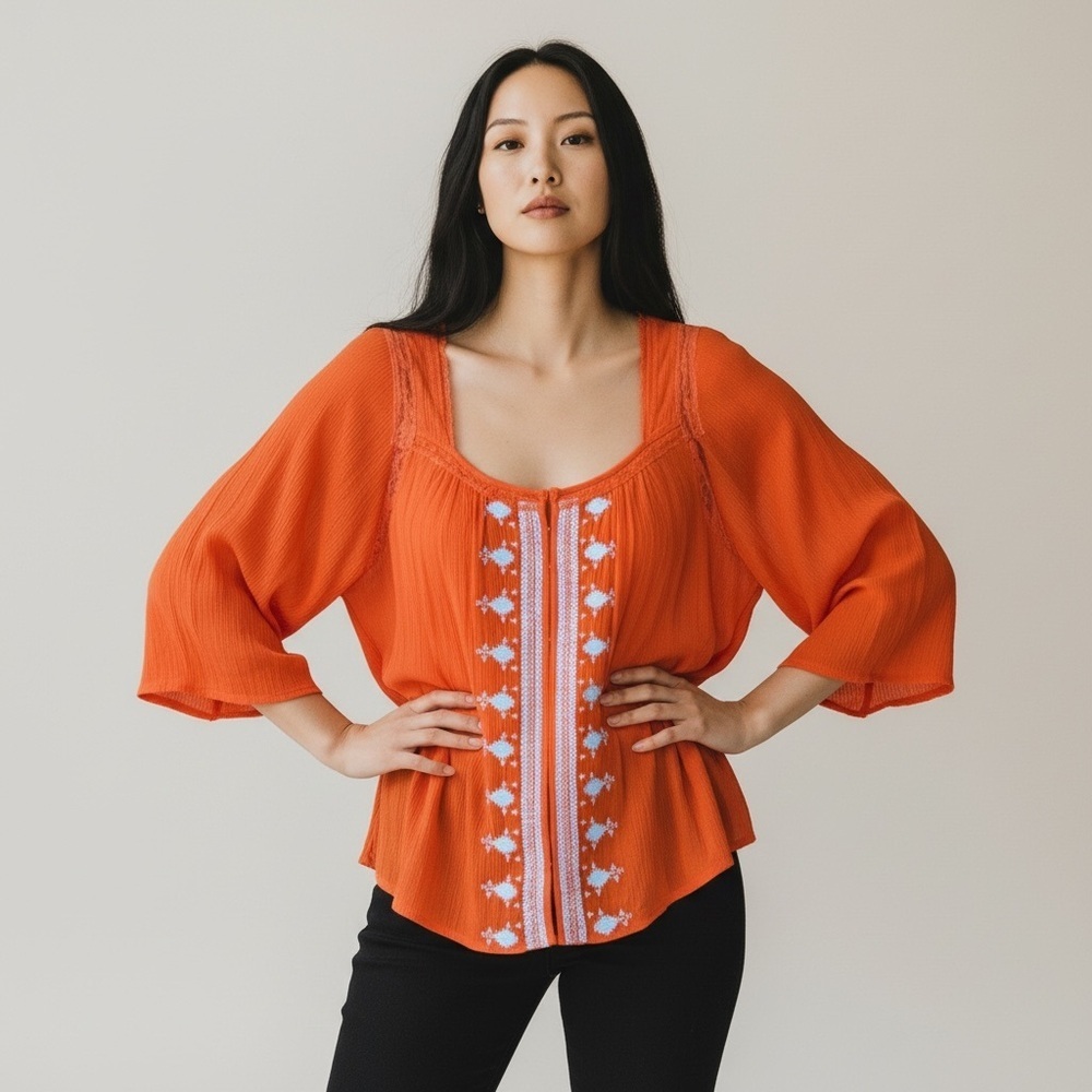 NWT Gimmicks by Buckle Orange Square Neck Embroidered Peasant style Top Size L